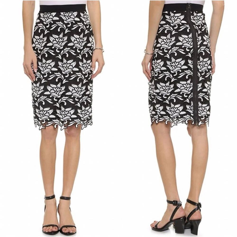 BCBG Maxazria Black White Lace Overlay Embroidered Pencil Skirt Size M